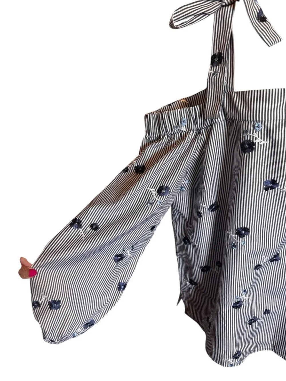 Michael Kors XL Off The Shoulder Blouse Striped Floral Embroidered Tie Strap